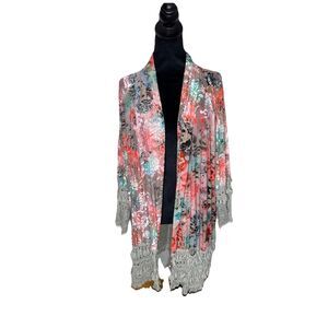 Indigo Thread Co Women's Burnout Velvet Kimono Long Fringe Tassels Boho Size XL